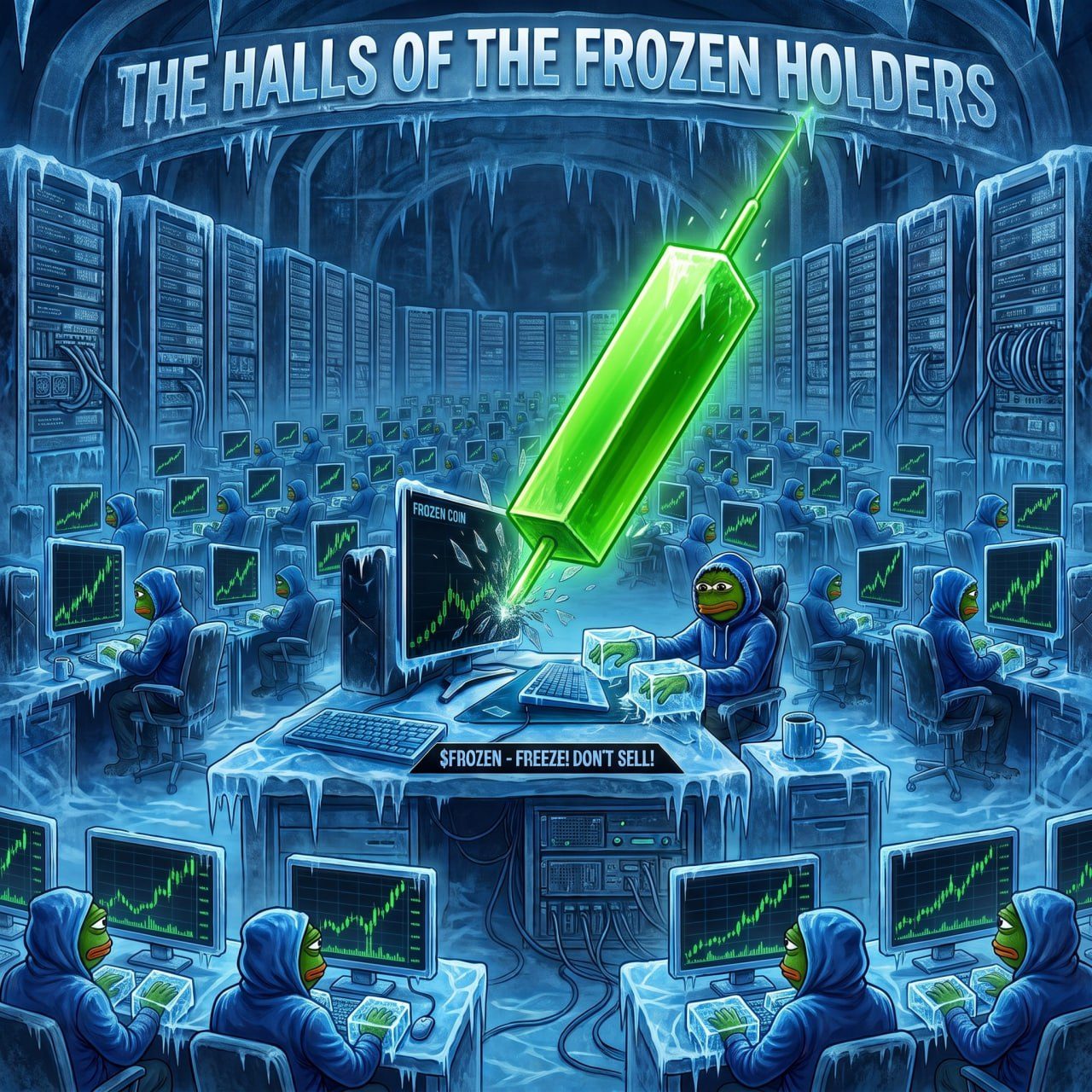 The Halls of the Frozen Holders: a huge icy hall full of hooded frogs at trading desks, every pair of hands frozen in ice, green charts on every screen and a giant green candle breaking through a monitor. A desk sign reads $FROZEN, Freeze! Don't sell!