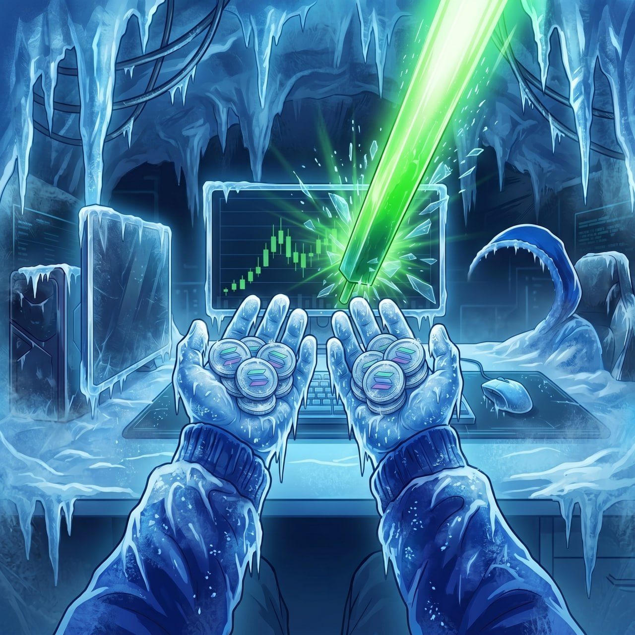 First-person view in an ice cave: frozen, icicle-covered hands hold a pile of Solana coins while a green candle smashes through the trading monitor ahead.