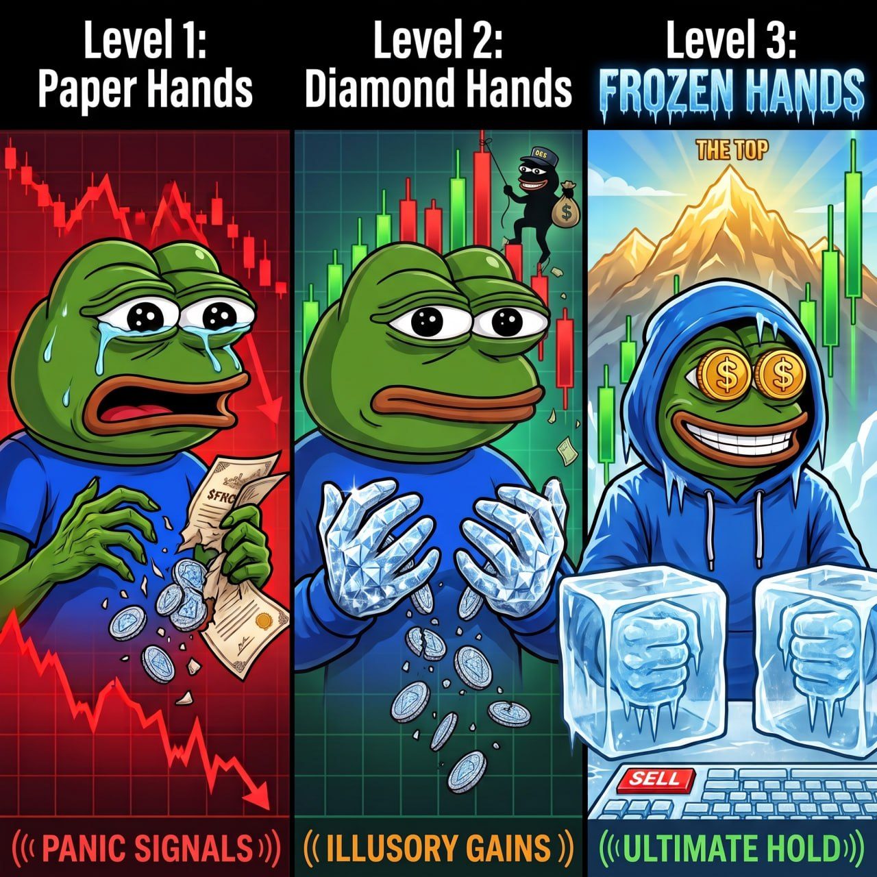Three-panel meme. Level 1, Paper Hands, panic signals: a crying frog tears up paper while coins spill over a crashing red chart. Level 2, Diamond Hands, illusory gains: a nervous frog with crystal hands lets coins slip through his fingers. Level 3, Frozen Hands, ultimate hold: a grinning frog in a blue hoodie with both hands frozen in ice blocks beside a sell key, a mountain peak labeled The Top behind him.