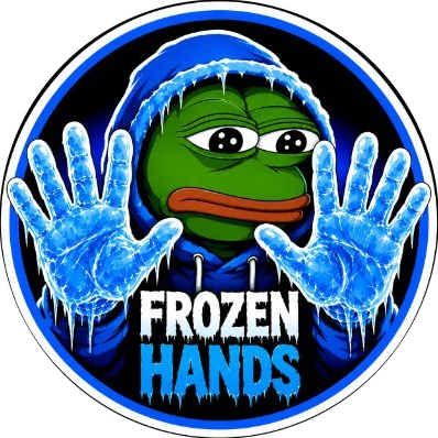 $FROZEN logo: a sad green frog in a blue hoodie holding up two frozen, icicle-covered hands, with the words Frozen Hands.