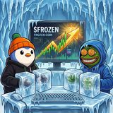A penguin and a hooded Pepe frog sit side by side, each with one hand frozen inside an ice block, watching a $FROZEN chart climb toward the top.