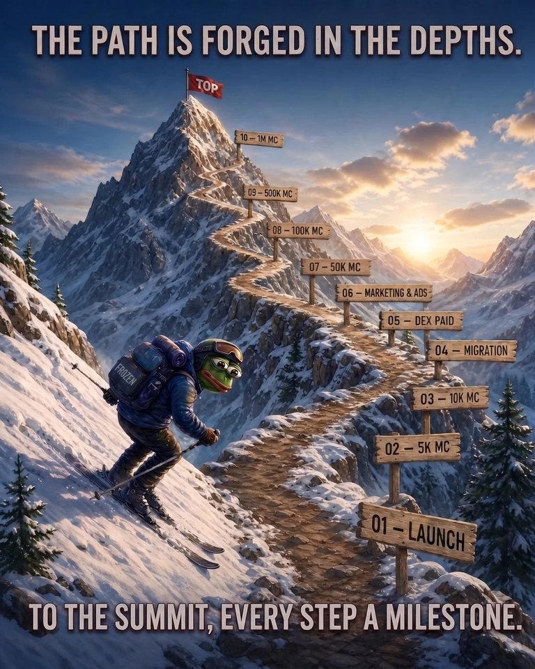 A hooded Pepe skis down a snowy ridge past a trail of wooden signposts climbing the mountain behind: 01 Launch, 02 5K MC, 03 10K MC, 04 Migration, 05 Dex Paid, 06 Marketing & Ads, 07 50K MC, 08 100K MC, 09 500K MC, up to 10 1M MC at a flag marked TOP on the summit. Text on the art reads: The path is forged in the depths. To the summit, every step a milestone.